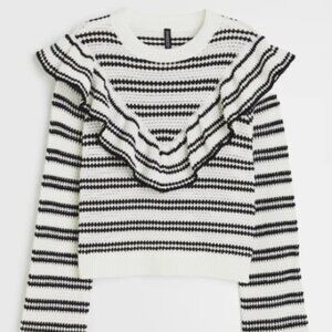 Ruffle Trimmed Black and White Striped Texture Knit Sweater